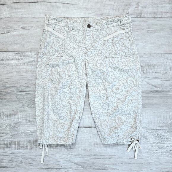 Prana Cream Tan Capri Pants Womens 8 Mid Rise Drawstring Hem Regular Fit Floral - Picture 1 of 6
